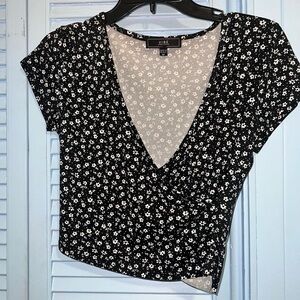 Vibe Black and White Floral Wrap Crop Top